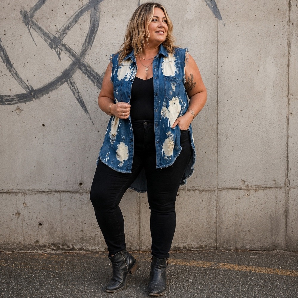 Distressed Bleached Denim Vest XL Grunge Punk Sleeveless Shirt Thrill Jeans Edgy